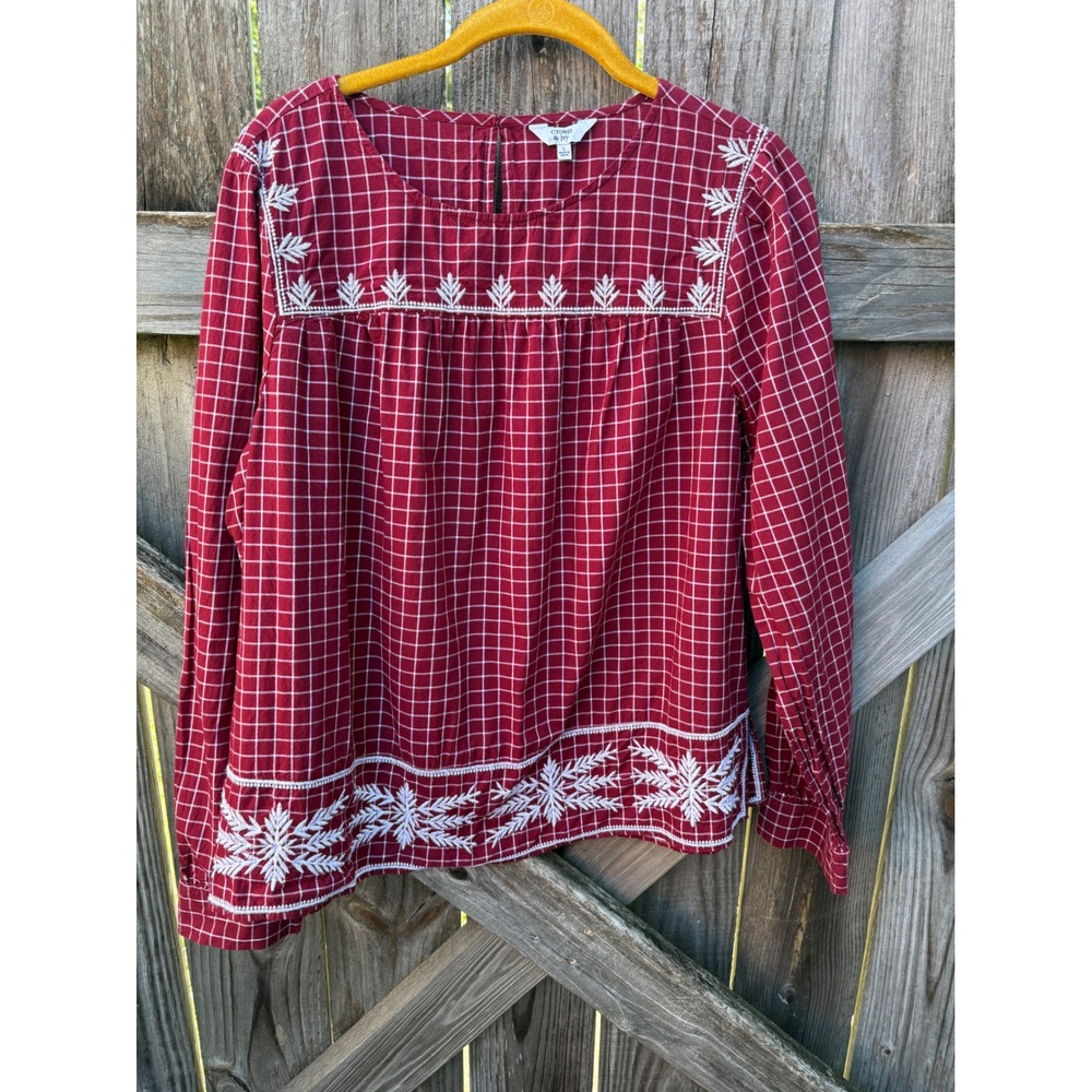 Crown & Ivy Red Plaid Embroidered Long Sleeve Blouse Top Large Boho Cottagecore